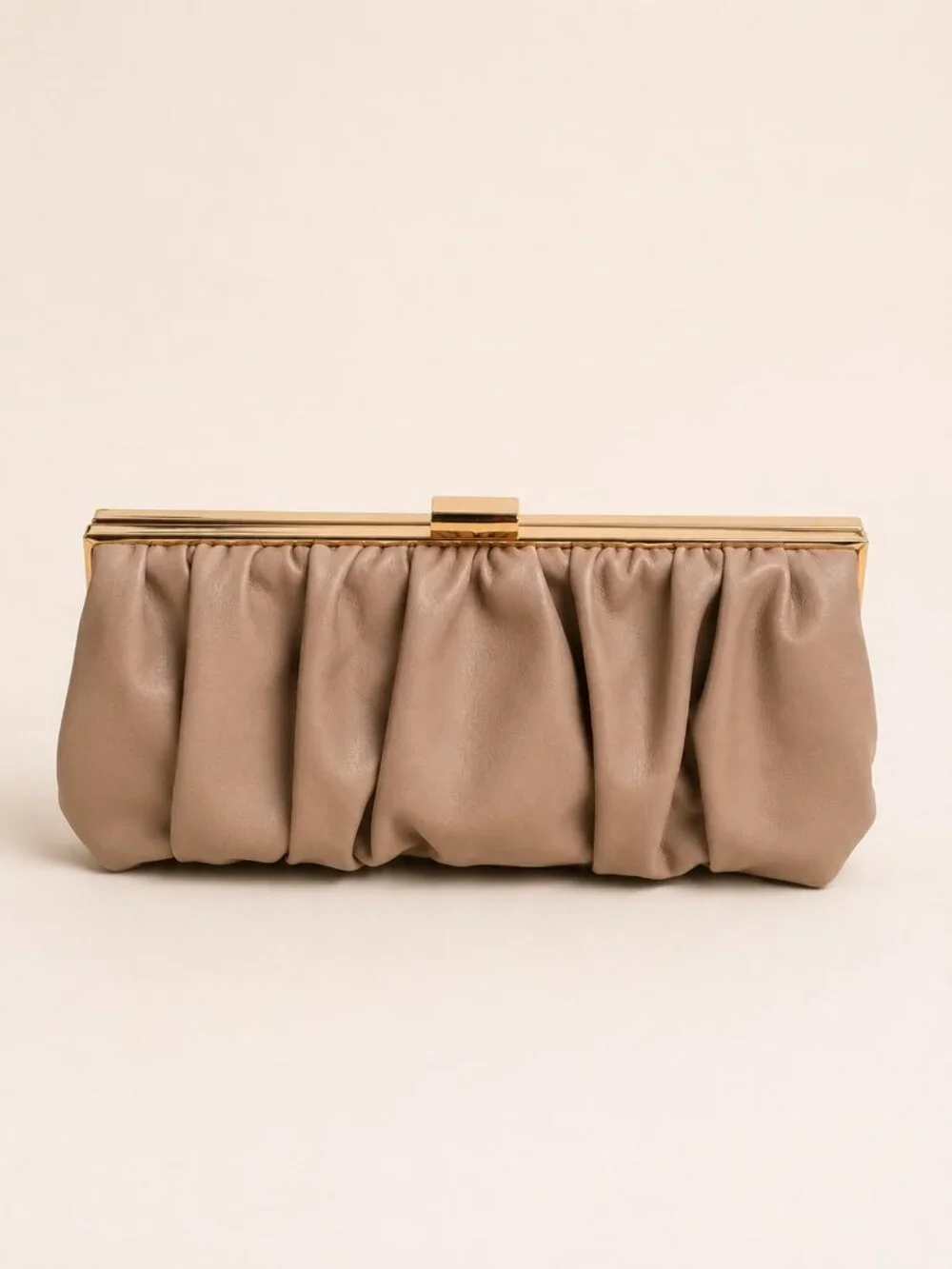 Jessica McClintock Taupe Ruched Clutch Gold Chain Evening Bag